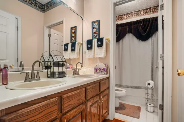 a bathroom with a sink a toilet and a mirror