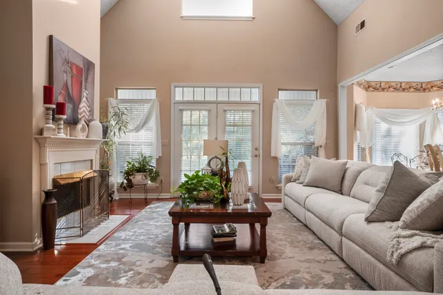a living room with furniture potted plant and a large window