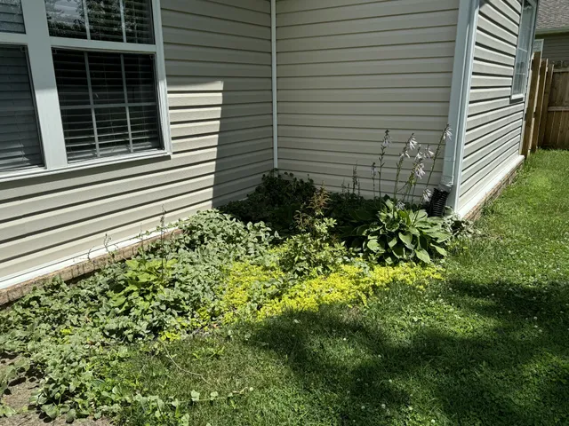 a view of a house with a flower garden