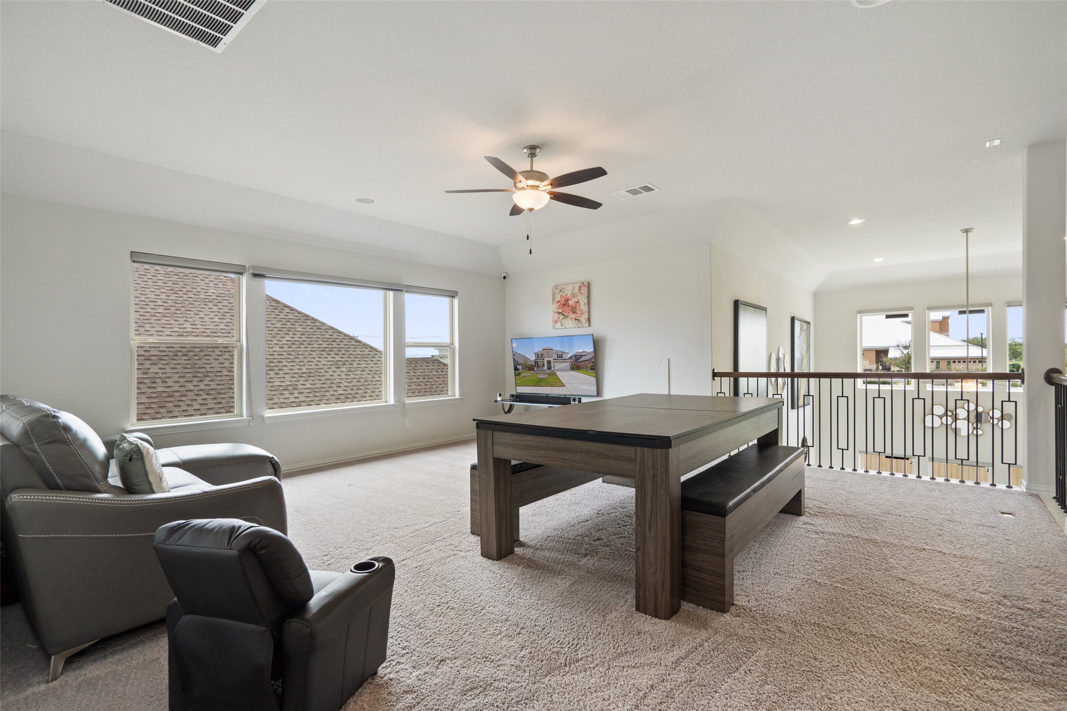 4101 Gildas Path Pflugerville, TX 78660 - Photo 12 of 16 Game room featuring light colored carpet, a ceiling fan, and recessed lighting