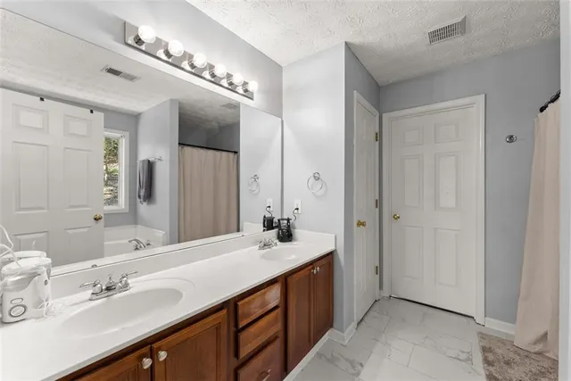 a bathroom with a double vanity sink a mirror and a shower