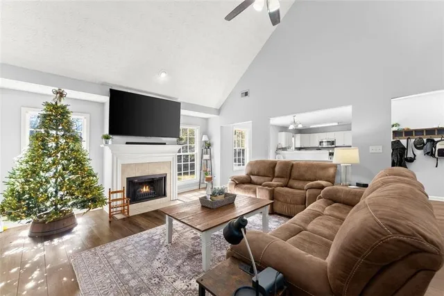 a living room with furniture a flat screen tv and a fireplace