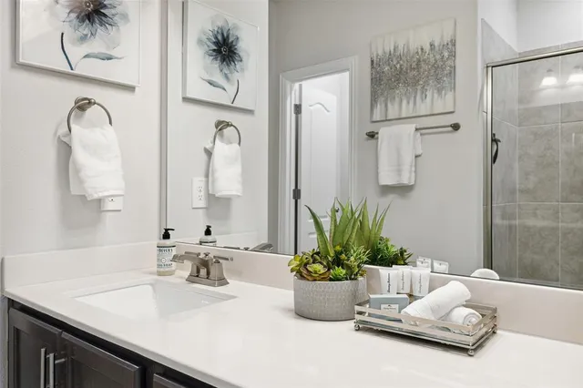 a view of bathroom with a potted plant on it