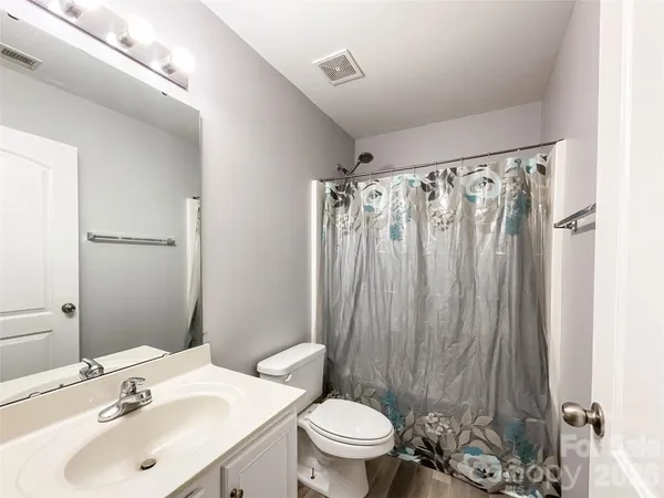 a bathroom with a sink a toilet and shower curtain