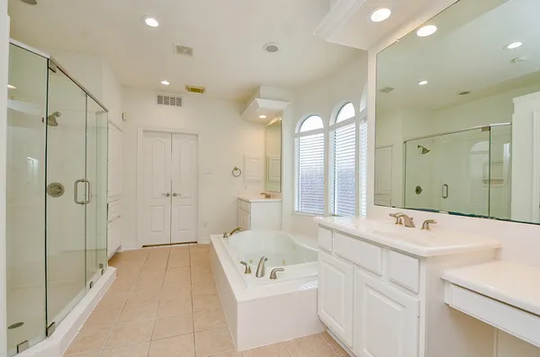 a bathroom with a tub a sink shower and mirror