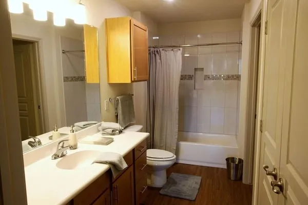 a bathroom with a granite countertop sink toilet and shower
