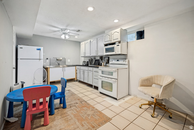 1215 8th Street Ogden, UT 84404 - Photo 22 of 39 Kitchenette featuring white cabinetry, a white refrigerator, a double oven range, and an over-the-range microwave