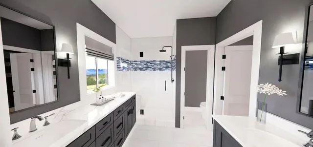 a spacious bathroom with a double vanity sink a large mirror a shower and a bathtub