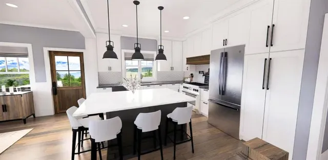 a kitchen with a table chairs refrigerator and microwave