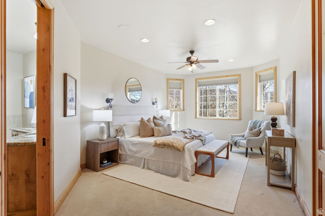 3026 Lower Saddleback Road Park City, UT 84098 - Photo 29 of 71 Bedroom with multiple windows, ceiling fan, light carpet, and recessed lighting