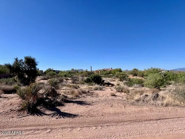 a view of a dry yard with mountains in the background