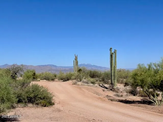 a view of a road with a house in background