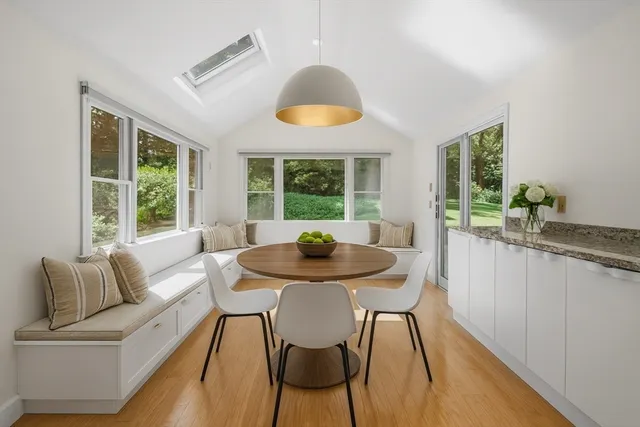 a view of a dining room with furniture window and outside view