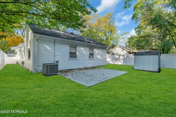 a view of a backyard with a large tree