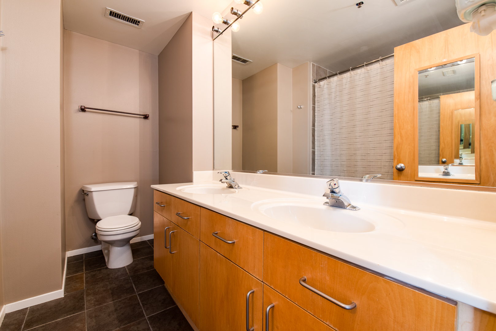 420 South Clinton Street, Unit 306A Chicago, IL 60607 - Photo 17 of 18 a bathroom with a double vanity sink toilet and mirror