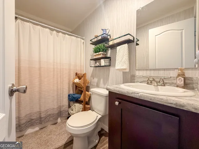 a bathroom with a granite countertop sink toilet and a mirror