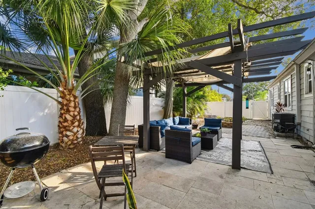 a front view of a house with patio