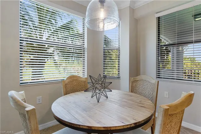 a view of a dining room with furniture and window