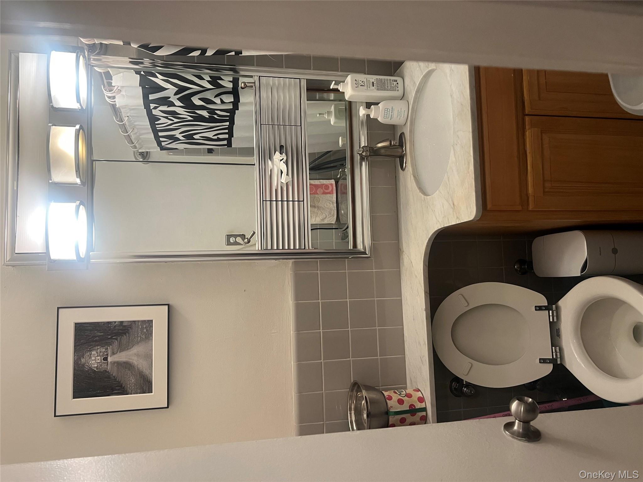 99-35 59th Avenue, Unit 5E Queens, NY 11368 - Photo 11 of 11 Bathroom featuring vanity, curtained shower, and tile walls