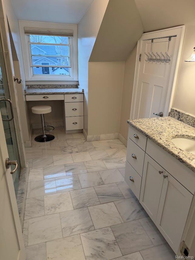 427 Wesley Street Rochester, MI 48307 - Photo 18 of 28 2nd Floor Master Bathroom #1 including Shower, sink, vanity & closet. Full bathroom with vanity, a shower stall, and light marble finish flooring