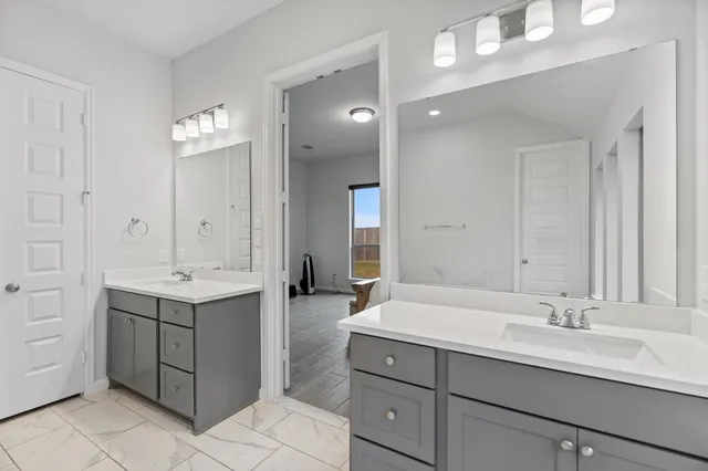 a bathroom with a sink double vanity and a mirror