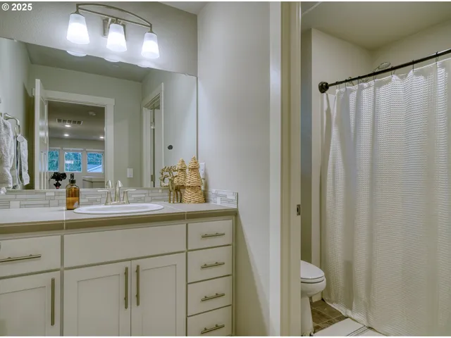 a bathroom with a sink a toilet a mirror and shower