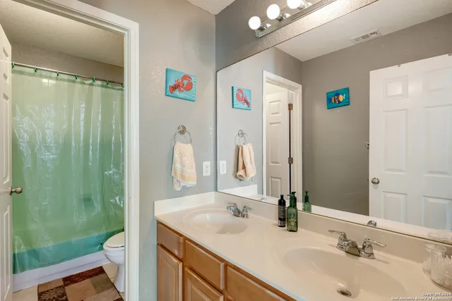 a bathroom with a sink vanity mirror and toilet
