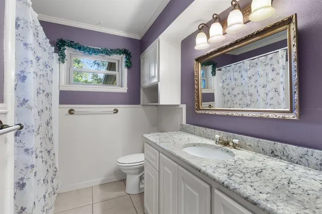 a bathroom with a granite countertop sink toilet and painting on the wall