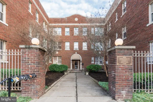 a front view of a brick building