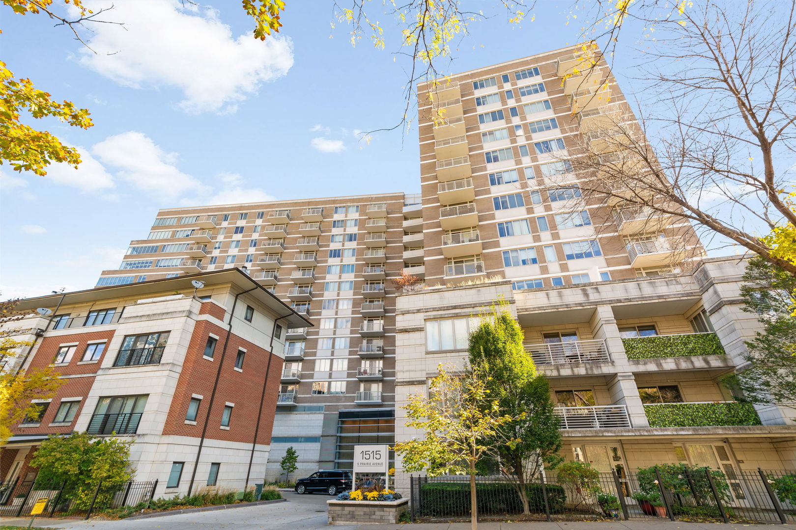 a front view of a multi story building