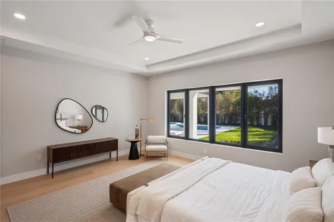 a bedroom with a bed and a large window