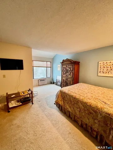 a bedroom with a bed and a large window