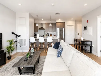 a living room with furniture kitchen view and a potted plant