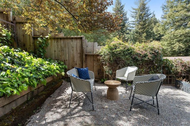 a view of a chairs and table in the backyard