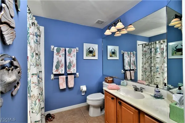 a bathroom with a sink a toilet and shower curtain