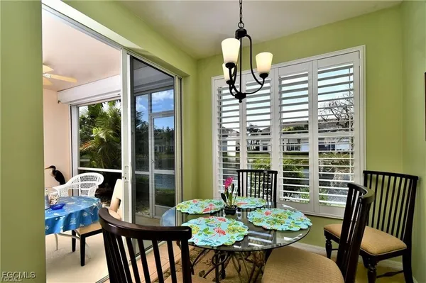 a view of a dining room with furniture window and outside view