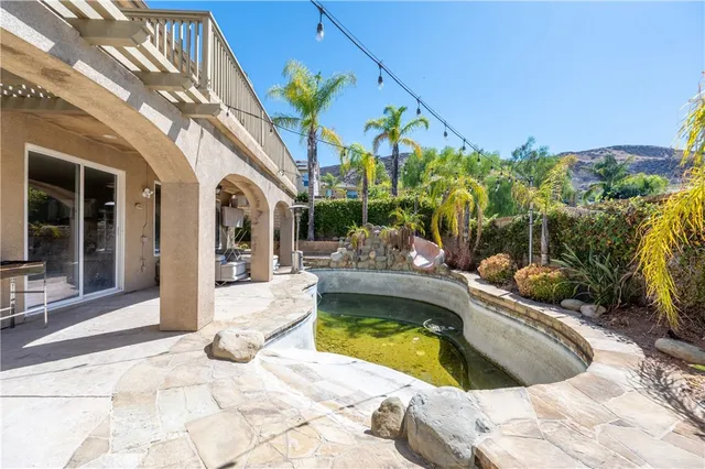 a view of a swimming pool with potted plants