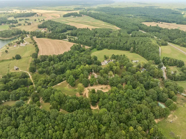 an aerial view of residential houses with outdoor space and trees