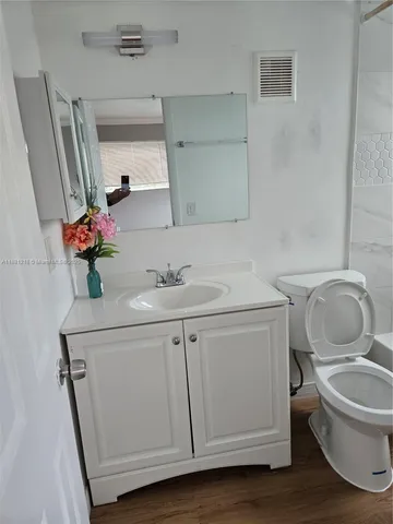 a bathroom with a sink mirror vanity and toilet