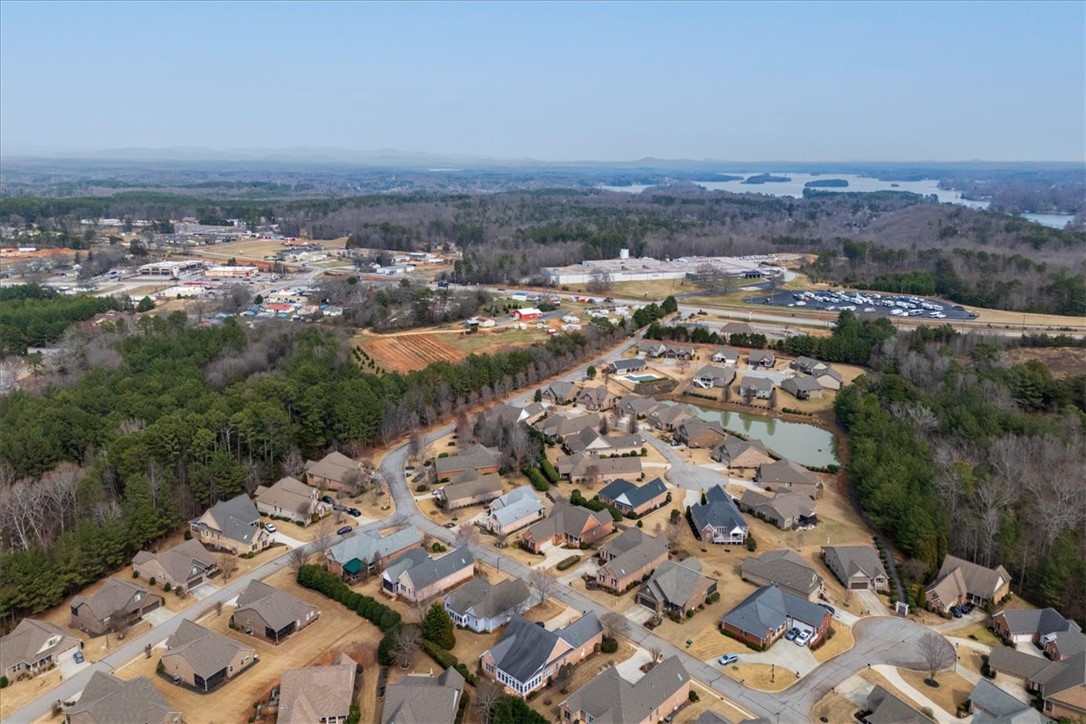 38 Angus Run Seneca, SC 29672 - Photo 41 of 46 This elevated view showcases a serene residential community bordered by lush woodlands and a tranquil pond.