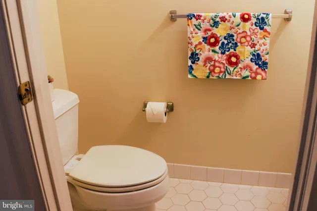 a bathroom with a toilet and a shower curtain