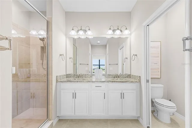 a bathroom with a granite countertop sink a toilet and a mirror