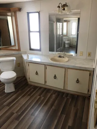 a bathroom with a toilet sink and mirror