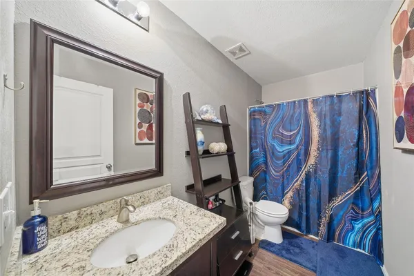 a bathroom with a sink vanity mirror and toilet
