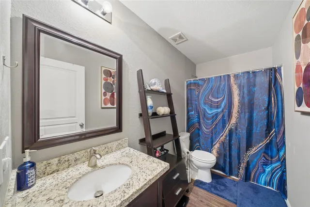 a bathroom with a sink vanity mirror and toilet