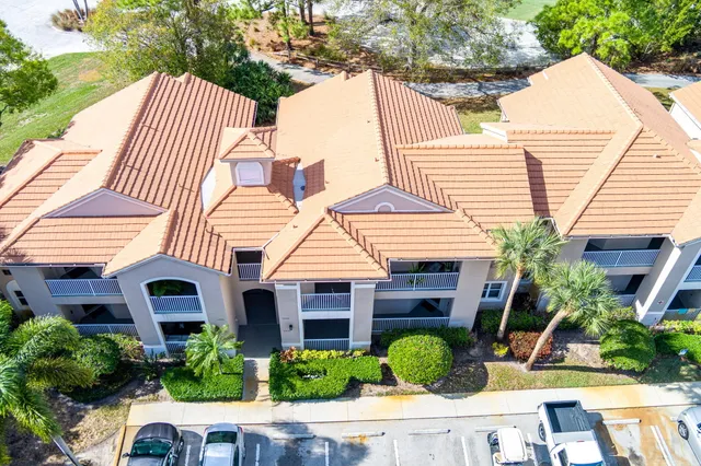 a aerial view of a house with a yard and potted plants