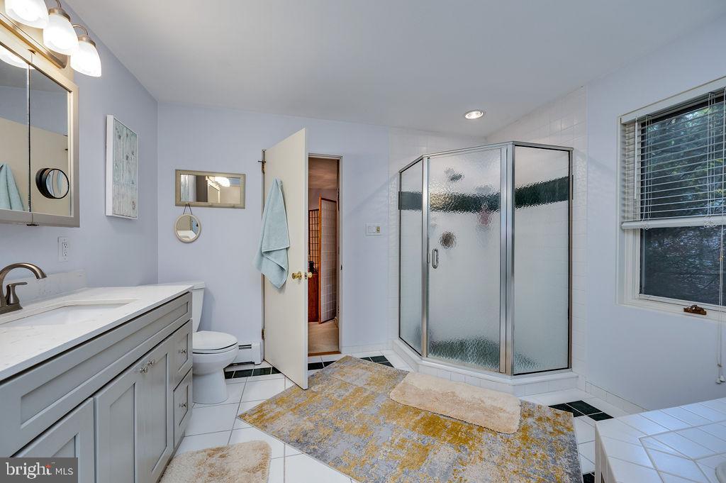 199 Deer Hill Lane Reading, PA 19607 - Photo 34 of 65 a bathroom with a granite countertop sink a toilet and shower