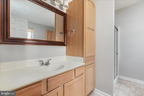 a bathroom with a shower and a sink