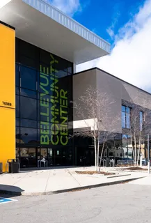 a front view of a building with street