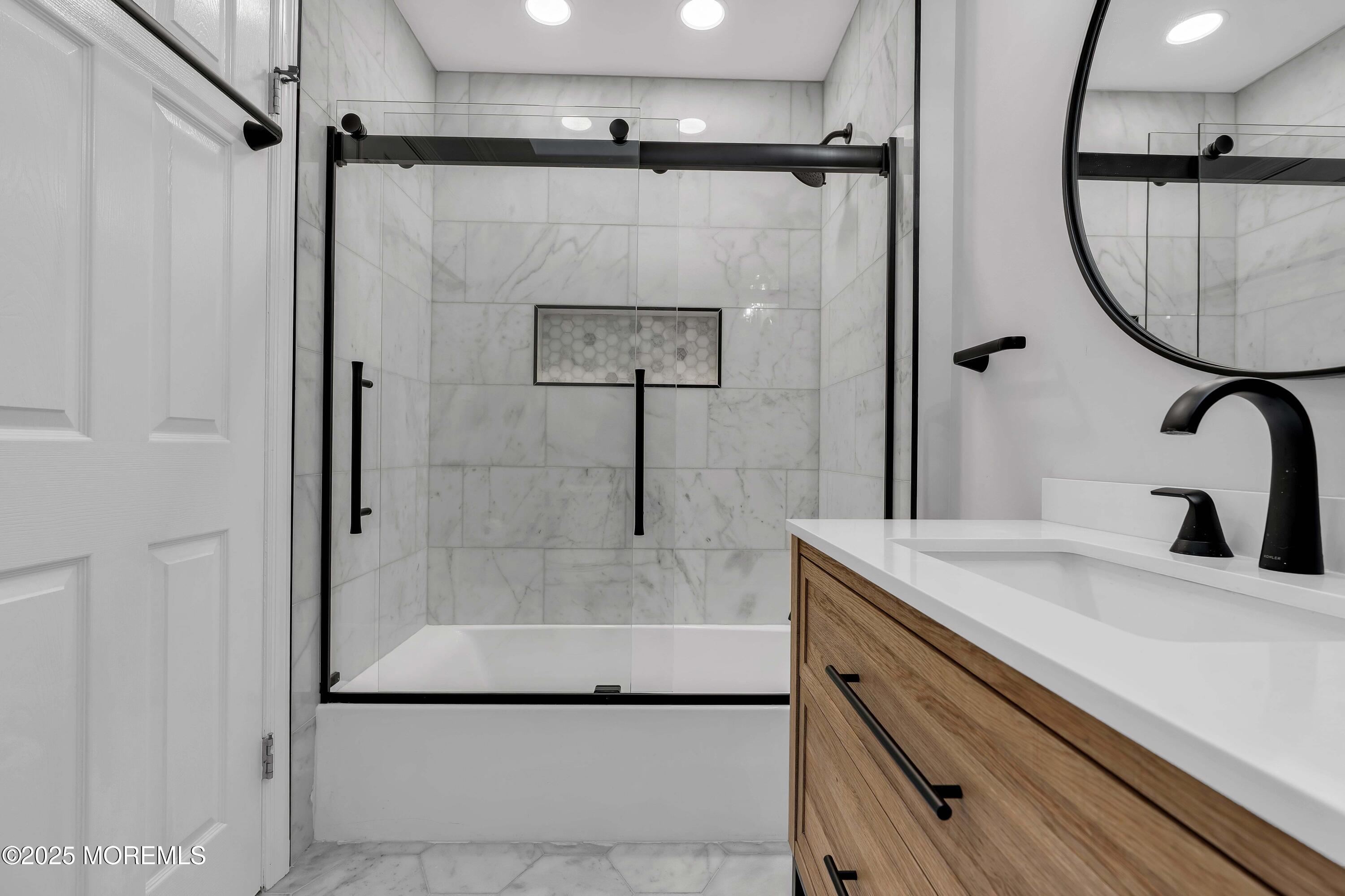 520 Windsor Street Forked River, NJ 08731 - Photo 5 of 36 a bathroom with a granite countertop sink mirror and shower